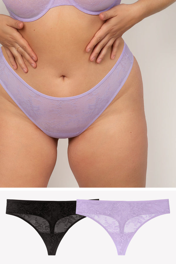 smart & sexy Lace Trim Mesh Thong Panty 2 Pack | Black Hue/Lilac Iris Smooth Lace