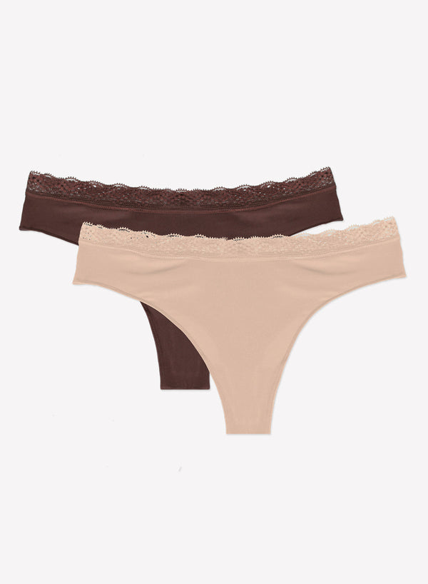 Smart & Sexy Lace Trim Thong Panty 2 Pack | Brush/Root Beer