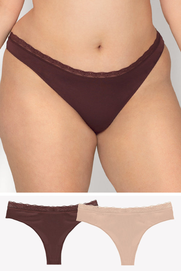 smart & sexy Lace Trim Thong Panty 2 Pack | Brush/Root Beer