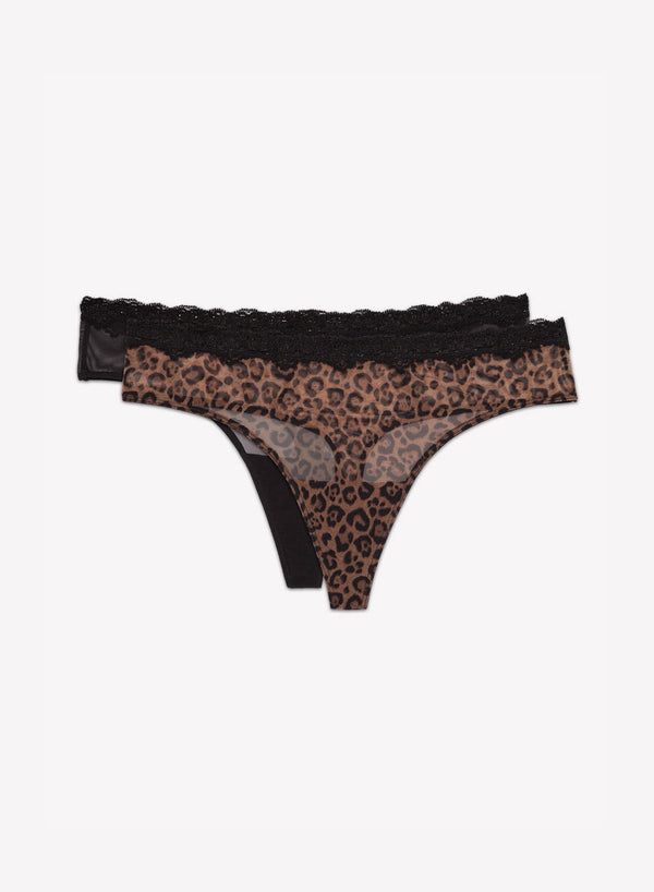 Smart & Sexy Lace Trim Thong Panty 2 Pack | Classic Leopard/Black Hue