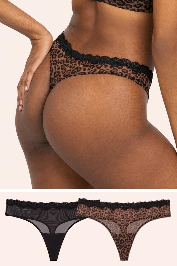 smart & sexy Lace Trim Thong Panty 2 Pack | Classic Leopard/Black Hue