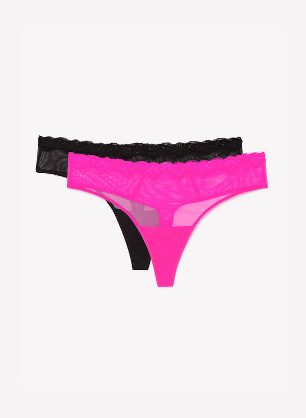 Smart & Sexy Lace Trim Thong Panty 2 Pack | Electric Pink/Black Hue