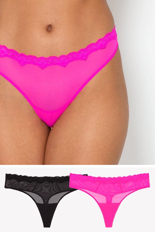 smart & sexy Lace Trim Thong Panty 2 Pack | Electric Pink/Black Hue