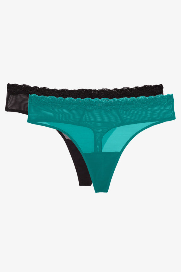 Smart & Sexy Lace Trim Thong Panty 2 Pack | Fanfare/Black Hue