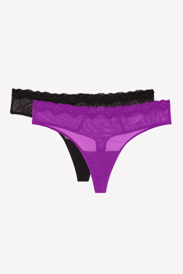 Smart & Sexy Lace Trim Thong Panty 2 Pack | Fierce Violet/Black