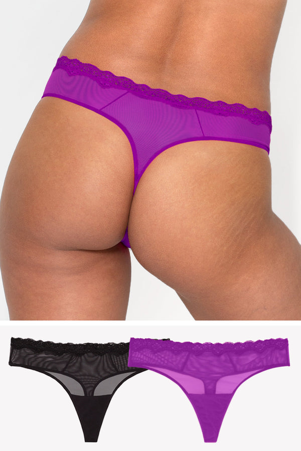 smart & sexy Lace Trim Thong Panty 2 Pack | Fierce Violet/Black
