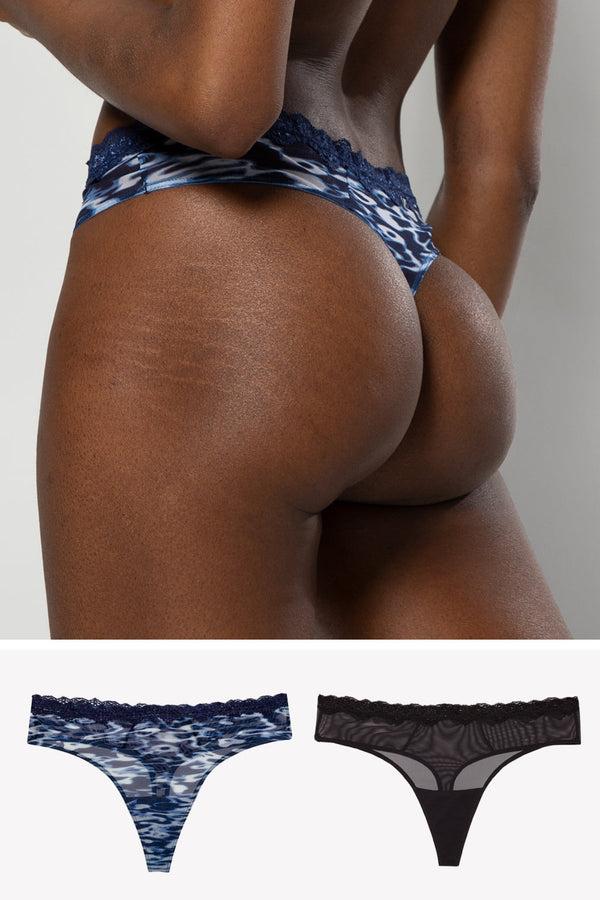 smart & sexy Lace Trim Thong Panty 2 Pack | Fluid Fantasy/Black Hue