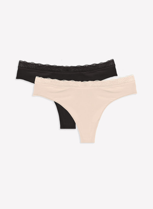 Smart & Sexy Lace Trim Thong Panty 2 Pack | In The Buff/Black Hue