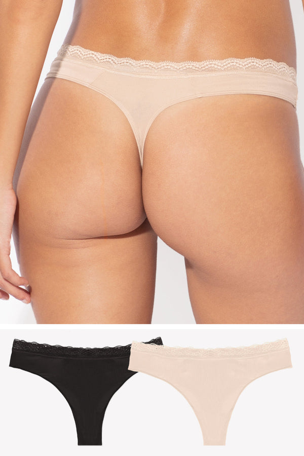 smart & sexy Lace Trim Thong Panty 2 Pack | In The Buff/Black Hue