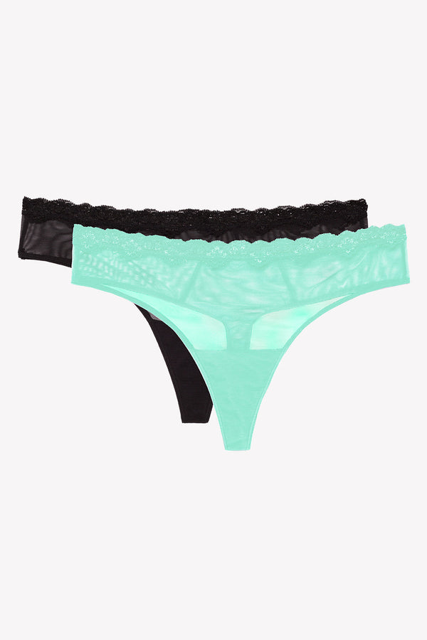 Smart & Sexy Lace Trim Thong Panty 2 Pack | Mint Chip/Black