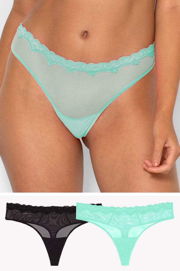 smart & sexy Lace Trim Thong Panty 2 Pack | Mint Chip/Black