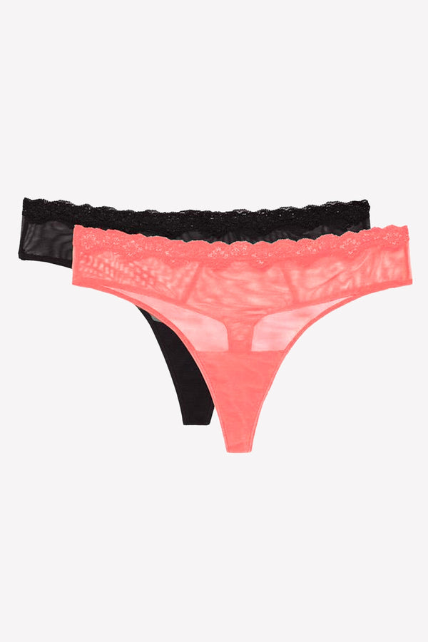 Smart & Sexy Lace Trim Thong Panty 2 Pack | Punchy Peach/Black Hue