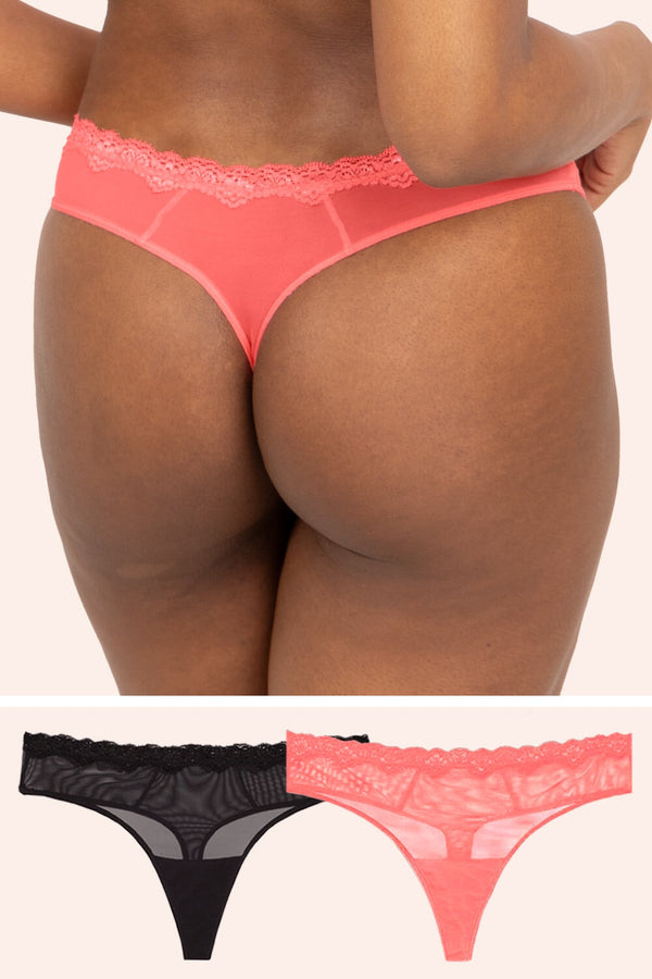 smart & sexy Lace Trim Thong Panty 2 Pack | Punchy Peach/Black Hue