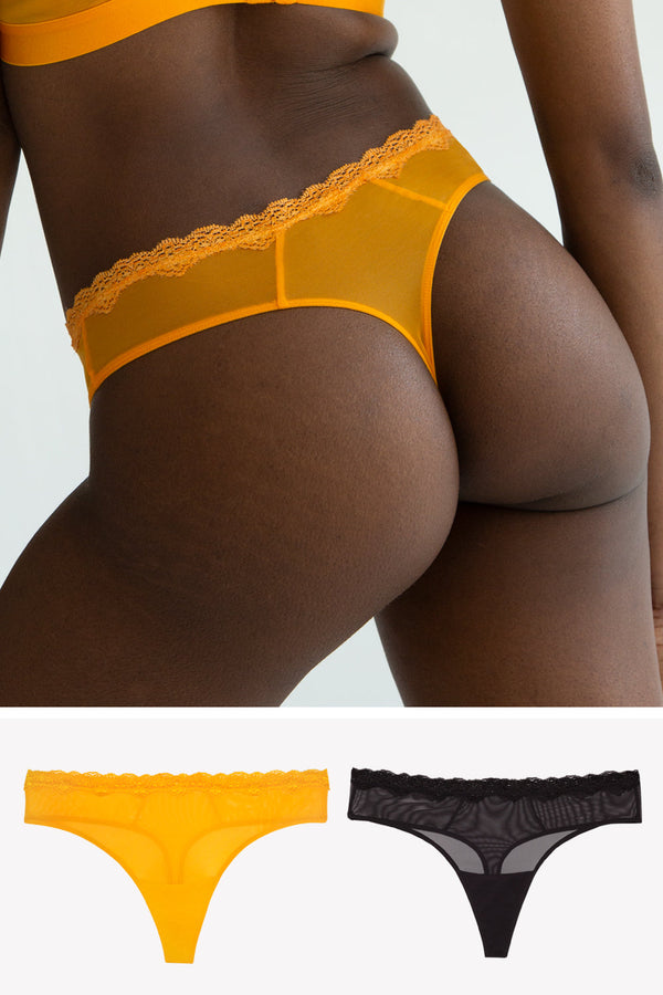 smart & sexy Lace Trim Thong Panty 2 Pack | Saffron/Black Hue