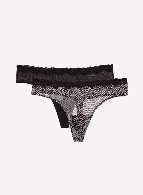 Smart & Sexy Lace Trim Thong Panty 2 Pack | Serpentine/Black Hue