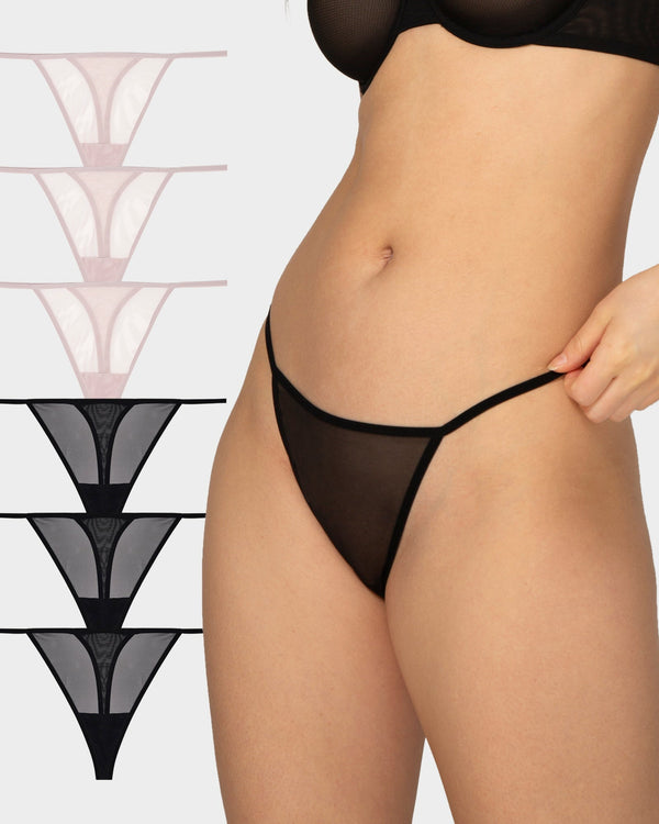 smart & sexy Mesh G String Thong Panties 6 Pack | Bark/Black Hue