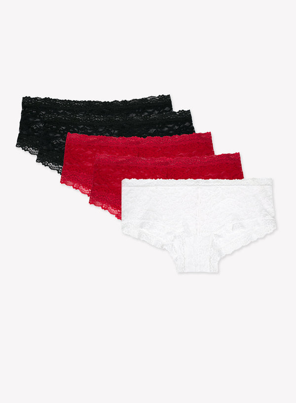 smart & sexy My Favorite Lace Boyshort Panty 5 Pack | Black/Black/Red/Red/White