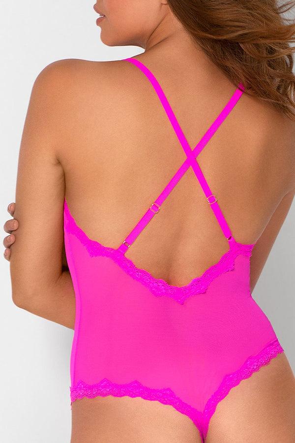 Smart & Sexy Sheer Lace & Mesh Bodysuit | Electric Pink Mesh