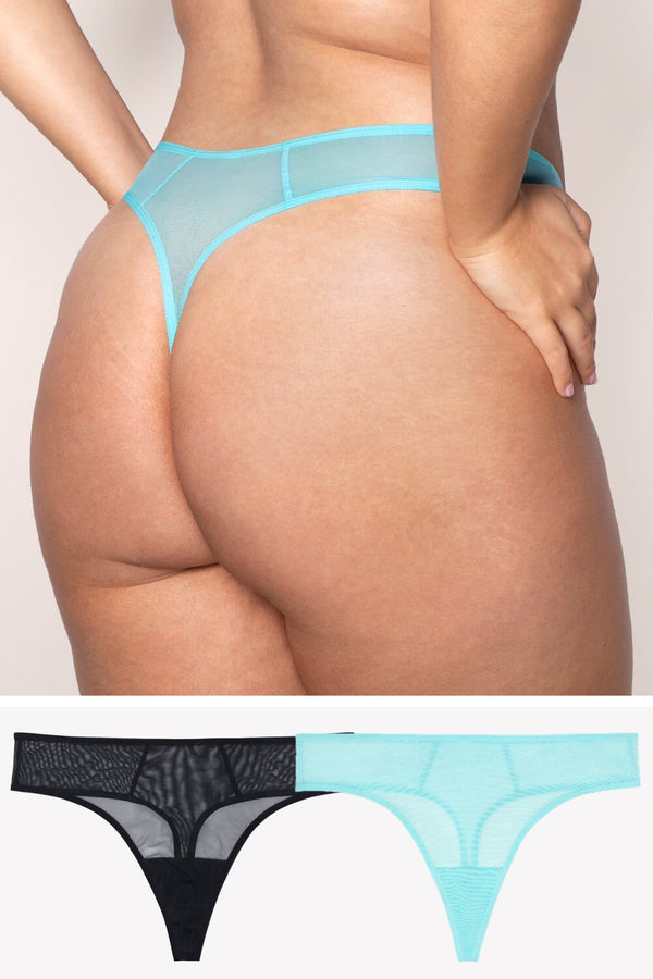 smart & sexy Sheer Mesh Thong Panty 2 Pack | Aquamarine/Black Hue