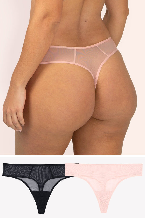Smart & Sexy Sheer Mesh Thong Panty 2 Pack | Blushing Rose/Black Hue