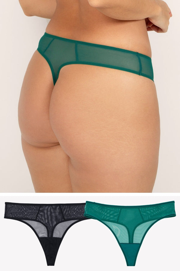 smart & sexy Sheer Mesh Thong Panty 2 Pack | Emerald/Black Hue