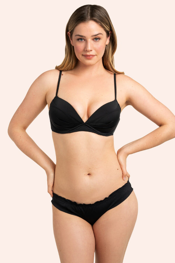 smart & sexy Swim Secret Ruffled and Ruched Back Bikini Bottom | Black Hue