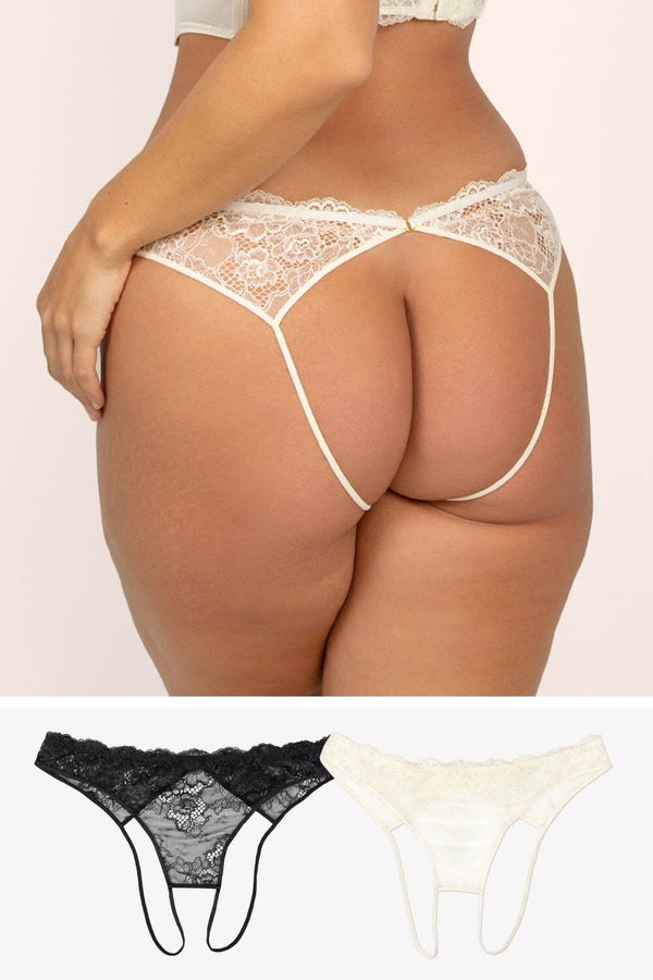 smart & sexy Temptation Lace Crotchless Panty | Cream/Black Hue