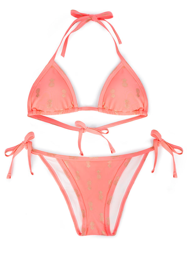 Smart & Sexy Triangle String Bikini Set | Neon Coral W/ Pineapples