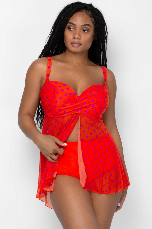 smart & sexy Twist Bandeau Tankini Top | Bright Polka Dot Print