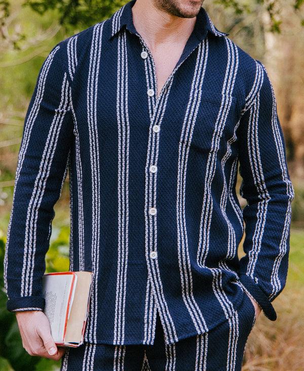 smr days Enamorados Cotton Waffle Shirt in Navy and White