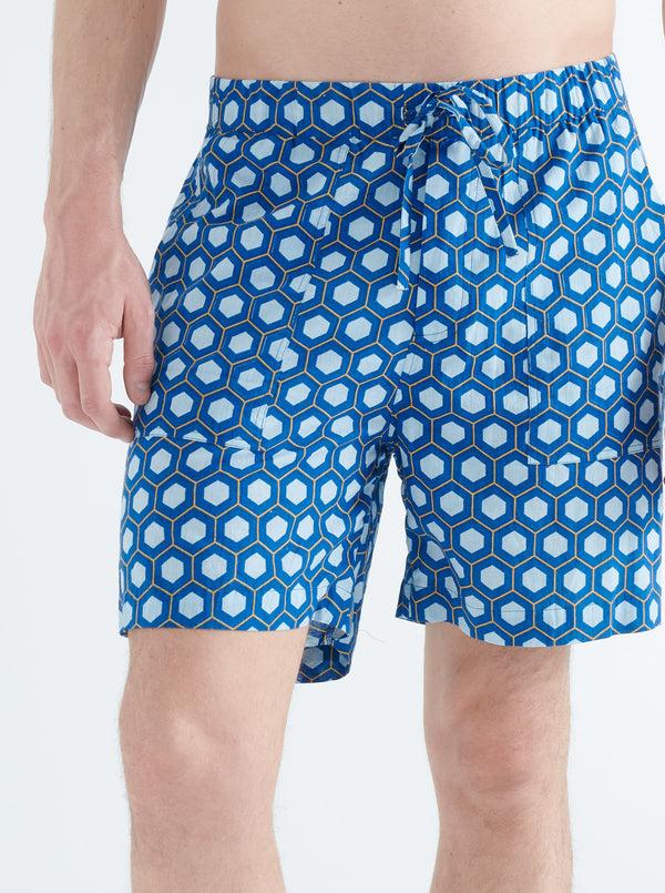 Smr Days Es Cubells Organic Cotton Shorts In Blue Block Geometric Print