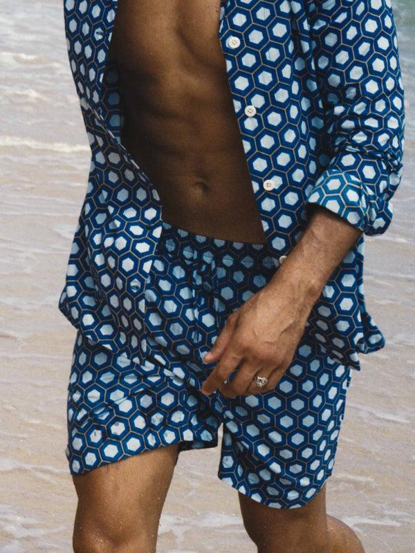 smr days Es Cubells Organic Cotton Shorts in Blue Block Geometric Print