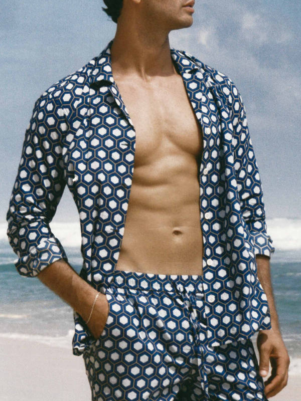 smr days Paloma Organic Cotton Shirt in Geometric Blue Block Print