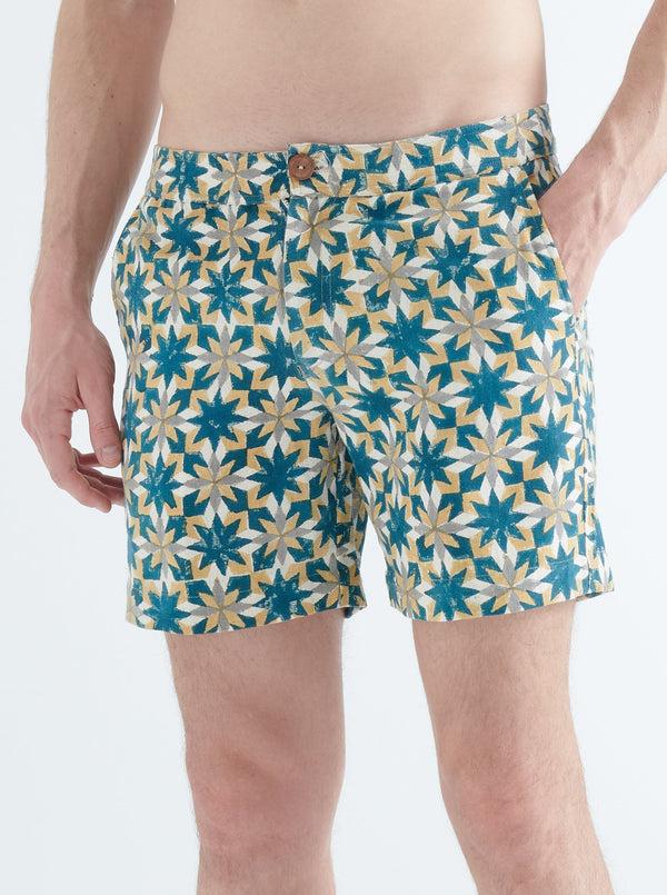 Smr Days Pines Shorts In Cotton Waffle In Yellow And Green Block Print