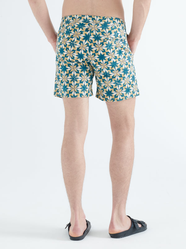 Smr Days Pines Shorts In Cotton Waffle In Yellow And Green Block Print