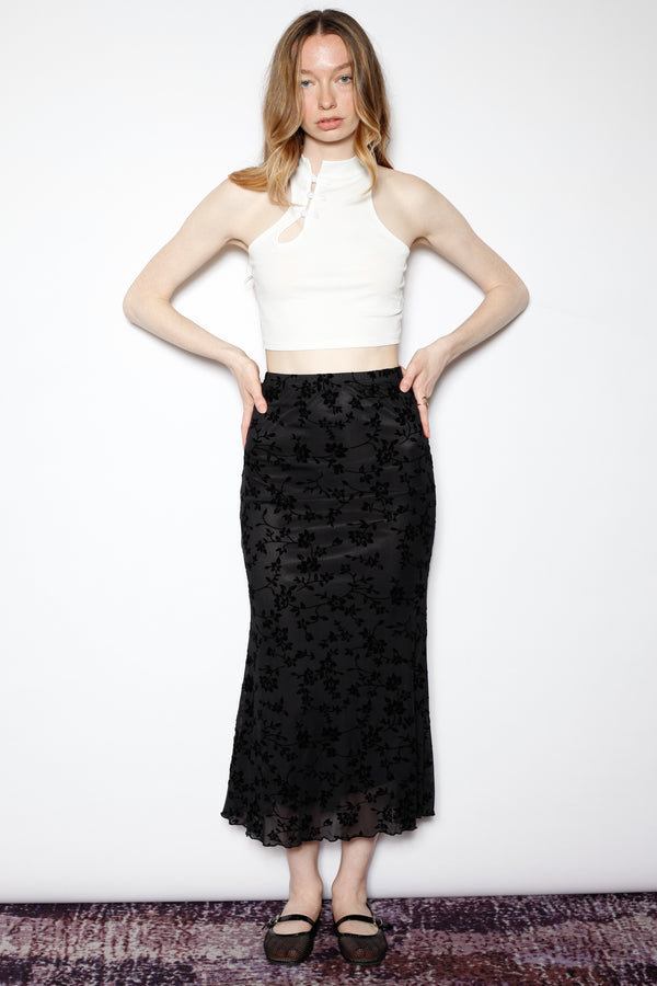 Snow Xue Gao Cotton Black Floral Jersey Mesh Midi Skirt