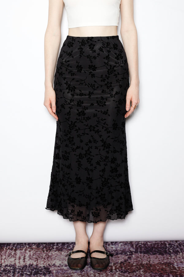 Snow Xue Gao Cotton Black Floral Jersey Mesh Midi Skirt