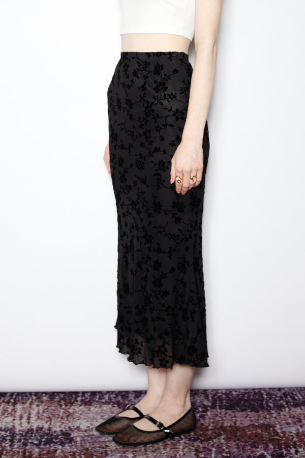 Snow Xue Gao Cotton Black Floral Jersey Mesh Midi Skirt