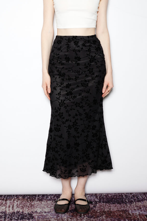 snow xue gao Cotton Black Floral Jersey Mesh Midi Skirt