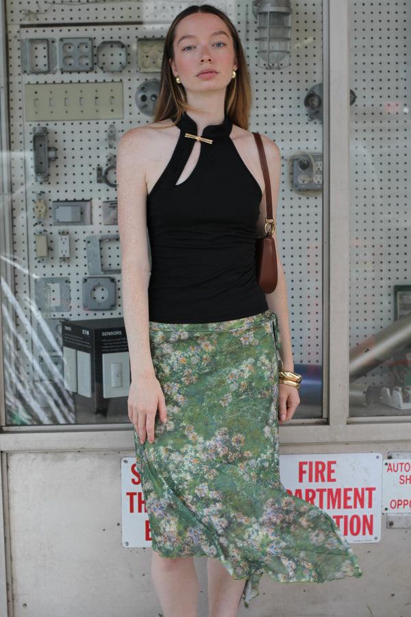 Snow Xue Gao Cotton Black Qipao Collar Top With Gold Knot