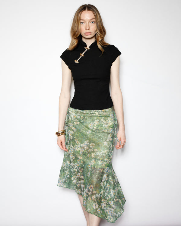Snow Xue Gao Cotton Black Qipao Ribbed Top With Gold Knot