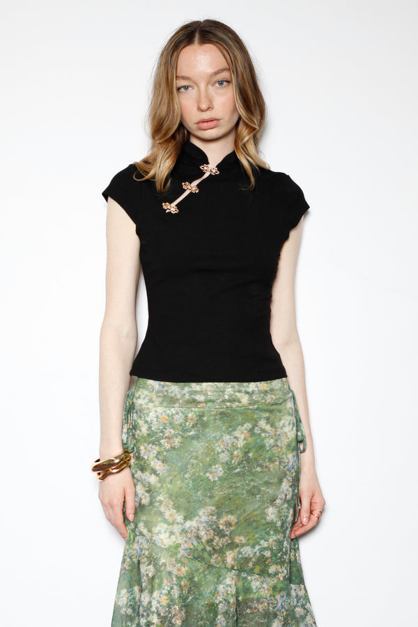 Snow Xue Gao Cotton Black Qipao Ribbed Top With Gold Knot
