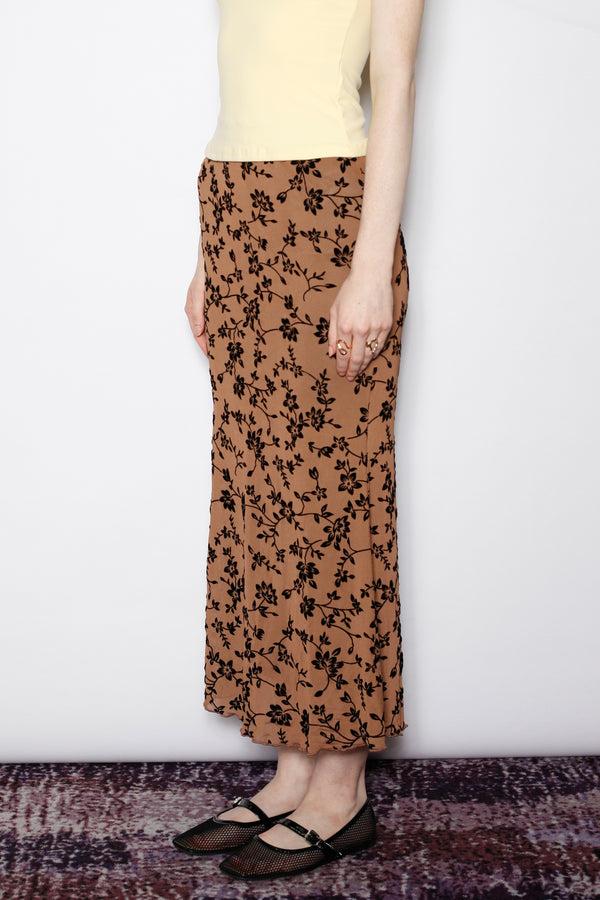 Snow Xue Gao Cotton Brown Floral Jersey Mesh Midi Skirt