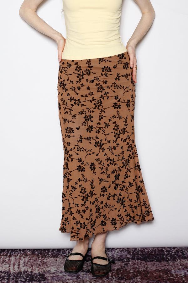 snow xue gao Cotton Brown Floral Jersey Mesh Midi Skirt