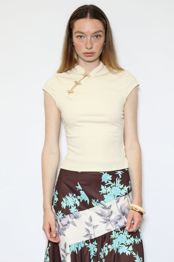 Snow Xue Gao Cotton Cream Qipao Ribbed Top With Gold Knot