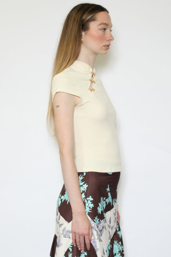 Snow Xue Gao Cotton Cream Qipao Ribbed Top With Gold Knot