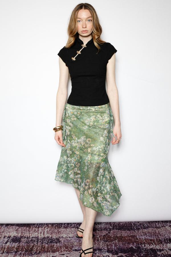 Snow Xue Gao Cotton Green Floral Printed Mesh Midi Skirt