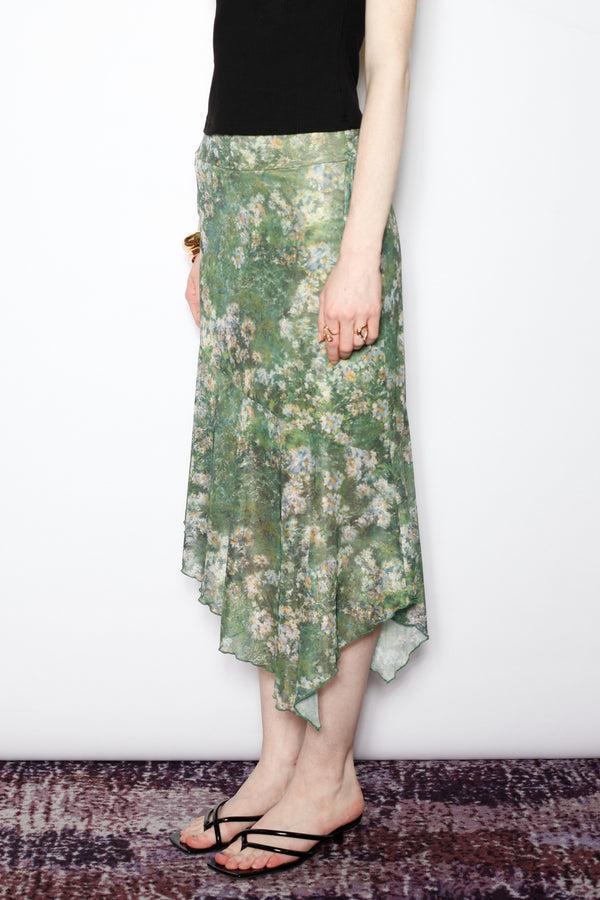 Snow Xue Gao Cotton Green Floral Printed Mesh Midi Skirt