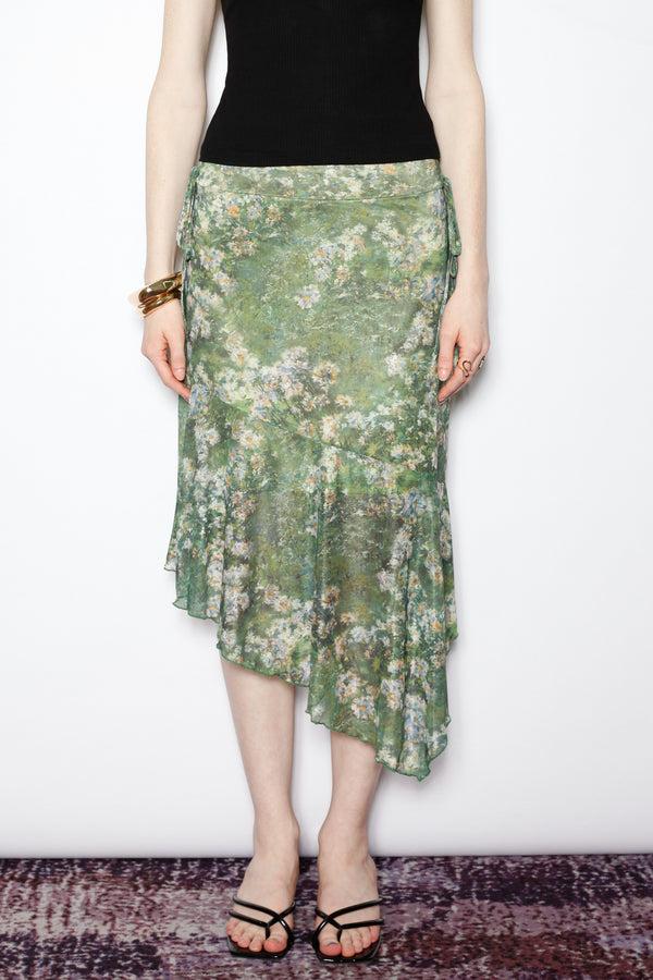 snow xue gao Cotton Green Floral Printed Mesh Midi Skirt