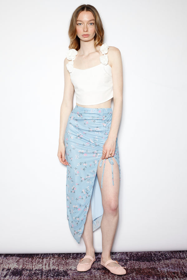 Snow Xue Gao Cotton Jersey Mesh Blue Floral Ruching Midi Skirt